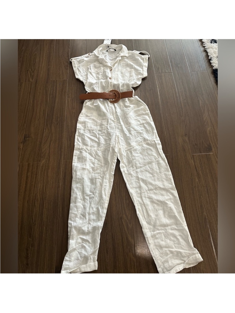 Zara White Linen Button-Front Jumpsuit with Brown Belt